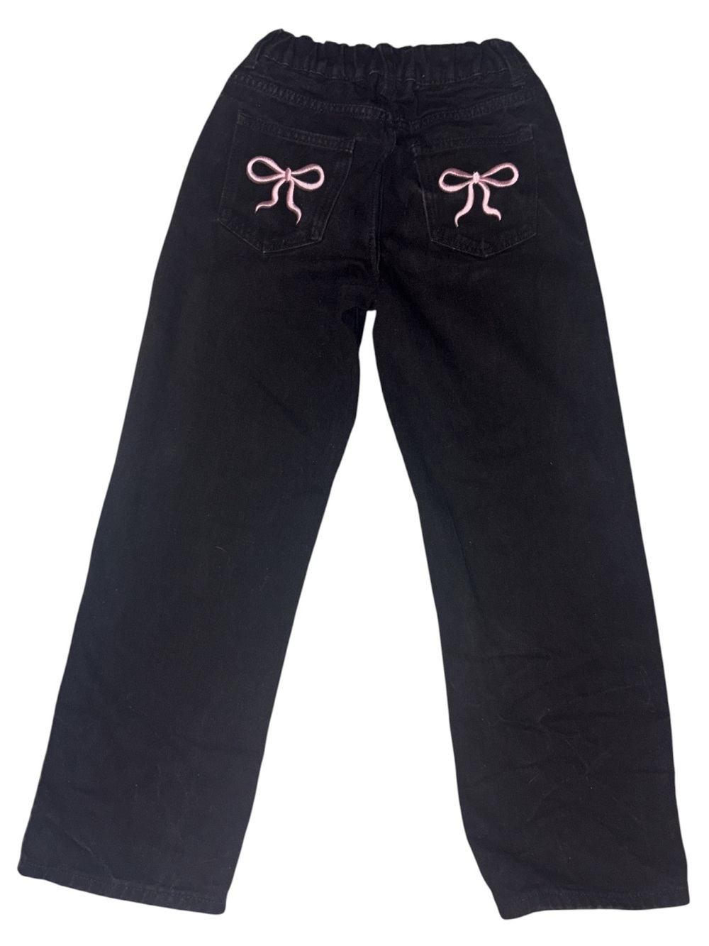 Girls Black Bow Elastic-Waist Jeans
